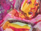 a watercolor painting of a woman holding a teddy bear
