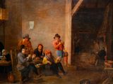 painting of a group of people sitting around a table in a room