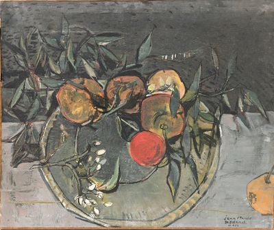 une peinture représentant une coupe de fruits sur une table