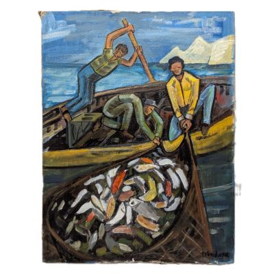 un tableau représentant deux hommes dans un bateau avec des poissons