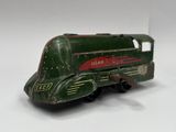 a green toy train with a red stripe on the side