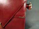 a hand holding a red leather case with a gold clasp