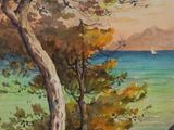 an image of a painting of a view of the ocean from a cliff