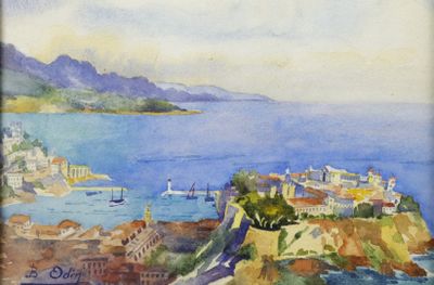 watercolor painting of a view of a small town on the coast