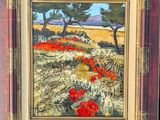 an oil painting of a field with poppies and trees in the background