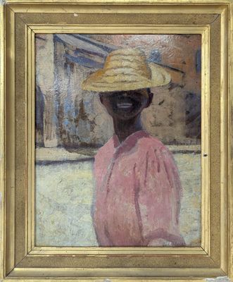 painting of a woman with a straw hat in a gold frame