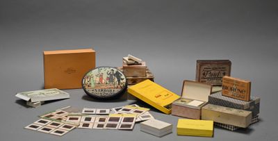 many different boxes and boxes with pictures on them