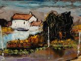 an oil painting of a house by a body of water