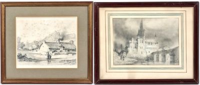 two framed drawings of a village and a church in a wood frame