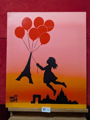 une image représentant un tableau où l'on voit une jeune fille volant avec des ballons