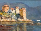 une peinture à l'huile représentant un château situé sur une petite île, avec un bateau dans l'eau