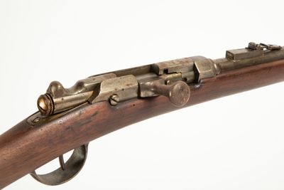 un gros plan d'un fusil sur un fond blanc avec un fond blanc