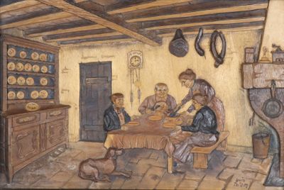 a painting of a group of people sitting around a table