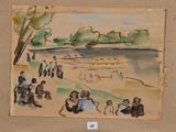 peinture d'un groupe de personnes assises sur une plage près d'un plan d'eau