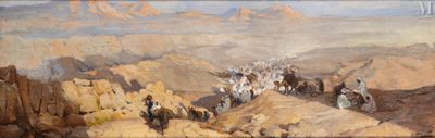 un tableau représentant un groupe de personnes à cheval dans le désert