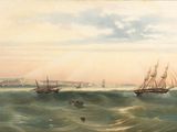 an image of a painting of a group of ships in a body of water