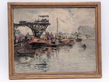 painting of a harbor scene with boats and a bridge in the background
