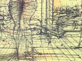 drawing of a person standing in a room with a drawing on the wall