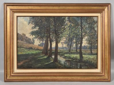 an oil painting of trees and a stream in a wooded area