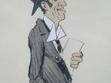 cartoon drawing of a man in a top hat holding a piece of paper