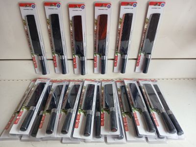 several different types of knifes and knives are on display in a display case
