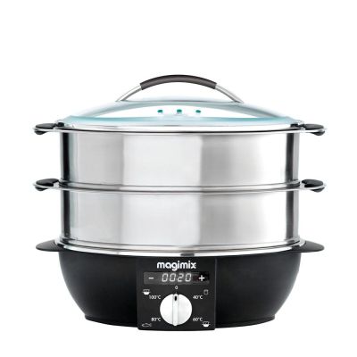 a black and silver food steamerer with a glass lid