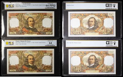 four different bank notes with a picture of a man and a woman on them