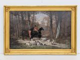 a painting of a man riding on a horse with a group of dogs in the foreground