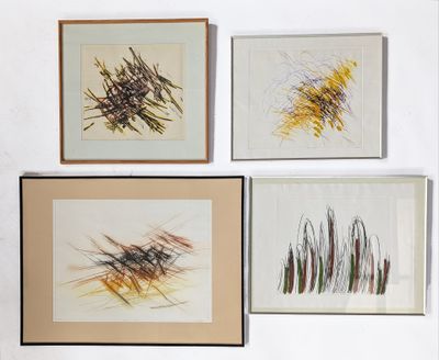 three framed pictures of different types of art hanging on a wall