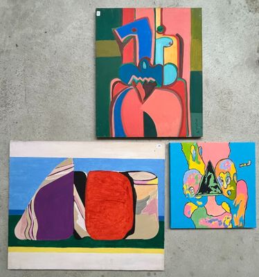 three paintings of different shapes and colors are hanging on a wall