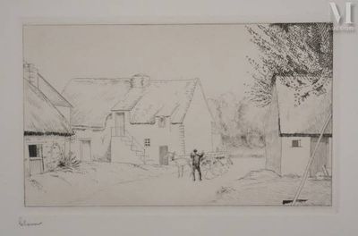 dessin représentant un homme debout devant une maison dans un village