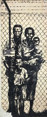 an image of a black and white drawing of two people and a child behind a chain link fence