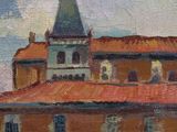 an oil painting of a building with a steeple on top of it