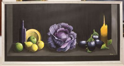 a painting of fruits and vegetables on display in a glass case