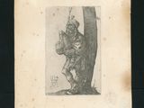 an old black and white drawing of a man playing a guitar