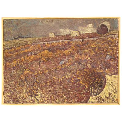 une image représentant un tableau où l'on voit un champ avec un train au loin