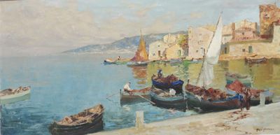 a painting of boats on the water near a city