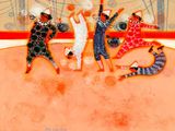 a painting of a group of people playing with a frisbee