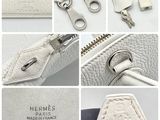 several pictures of a white purse with a zipper and a key