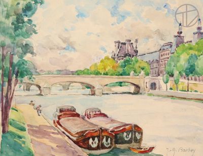 a painting of a boat on the water with a bridge in the background