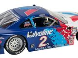 a picture of a blue and white race car on a white background