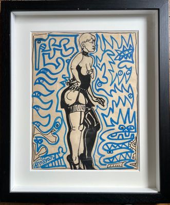 painting of a woman standing in front of a wall with graffiti on it