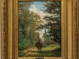 a painting of a man riding a horse through a forest