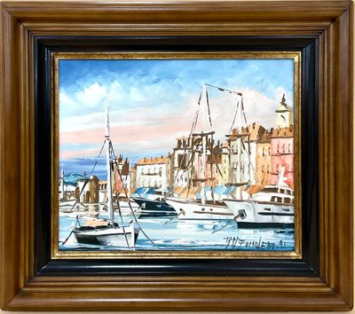 une peinture de bateaux dans un port avec des bâtiments à l'arrière-plan