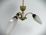 an image of a three light chandelier with frosted glass shades