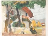 un tableau représentant un homme assis sous un arbre devant une maison