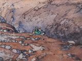 a painting of two people sitting on a rocky hill