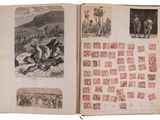 an open book with pictures of people and animals on it