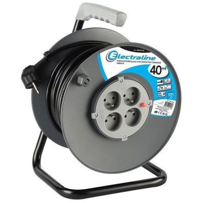 an image of a black and gray electrical cable reel on a stand
