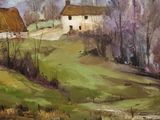 an image of a painting of a farm with a pond in the foreground